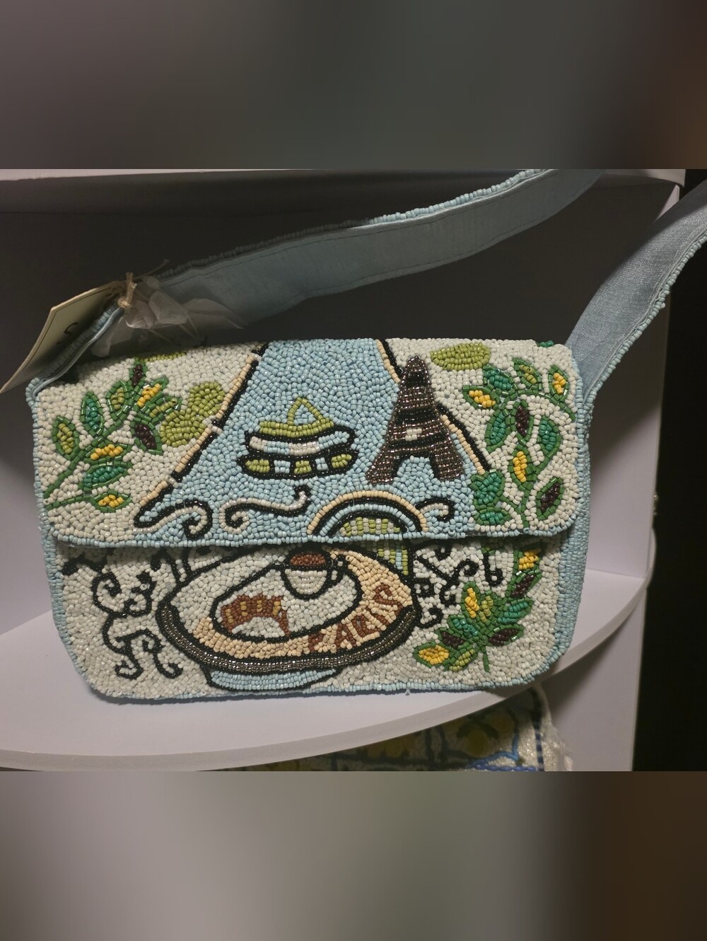 Viral Paris Café Beaded Shoulder Bag - Light Blue